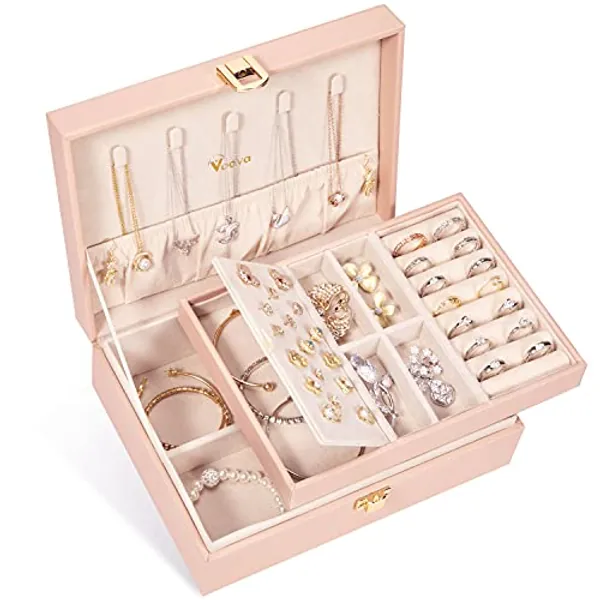 Voova Jewellery Box Organiser for Women Girls, 2 Layers Large Jewelry Storage Case, PU Leather jewlerrying Display Holder with Removable Tray for Necklace Earrings Rings Bracelets, Pink - Pink