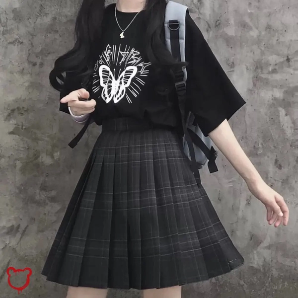 'Black Grunge Plaid Skirt - No Regrets'