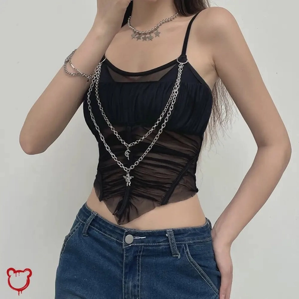 'Black Mesh Chain Crop Top'