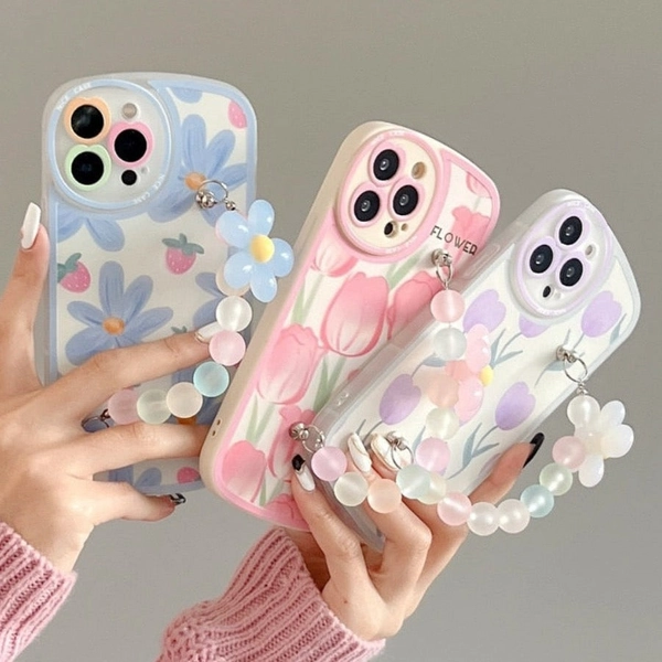 Floral Pattern Phone Case with Wrist Strap