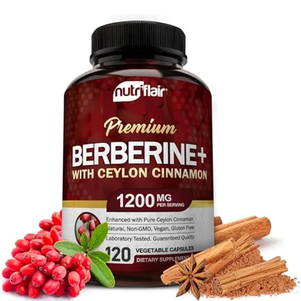NutriFlair Premium Berberine HCL 1200mg, 120 Capsules - Plus Pure True Ceylon Cinnamon, Berberine HCI Root Supplements Pills - Immune System, Healthy Weight Management