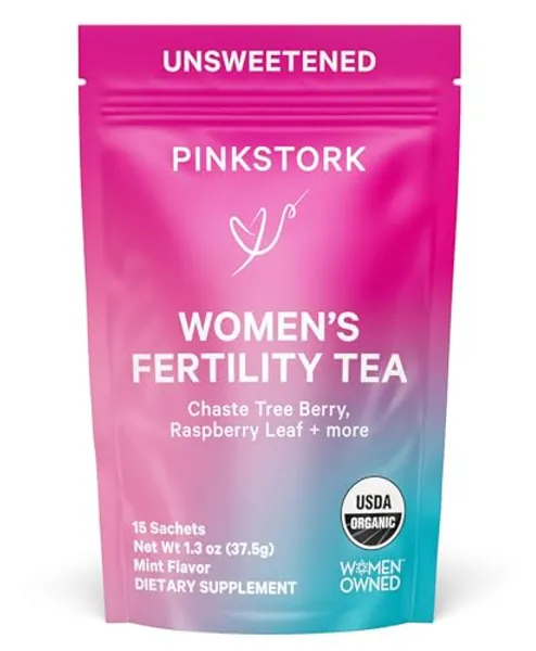 Pink Stork Fertility Tea for Conception and Hormone Balance with Organic Mint, Vitex, and Red Raspberry Leaf, Caffeine Free - Mint, 15 Sachets, Hot or Iced
