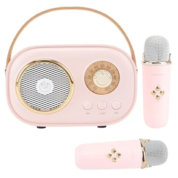 Aresrora Mini Karaoke Machine for Kids,Portable Bluetooth Speaker with 2 Wireless Microphone,Toys for Girls Boys Gifts,Retro Speaker Set Stereo Sound Enhanced Bass for Home Party Birthday (Pink)