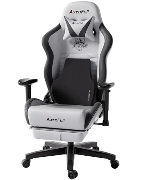 AutoFull Gaming Chair PC Chair with Ergonomics Lumbar Support, Racing Style PU Leather High Back Adjustable Swivel Task Chair with Footrest (Grey)