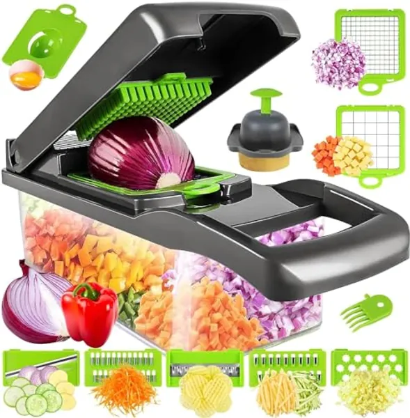 Artbros Vegetable Chopper, Veggie Chopper, Pro Onion Chopper, Salad Chopper, Mandoline Slicer & Cheese Grater, Vegetable Slicer Dicer Cutter, Food Chopper with Container (13 in 1, Grey)