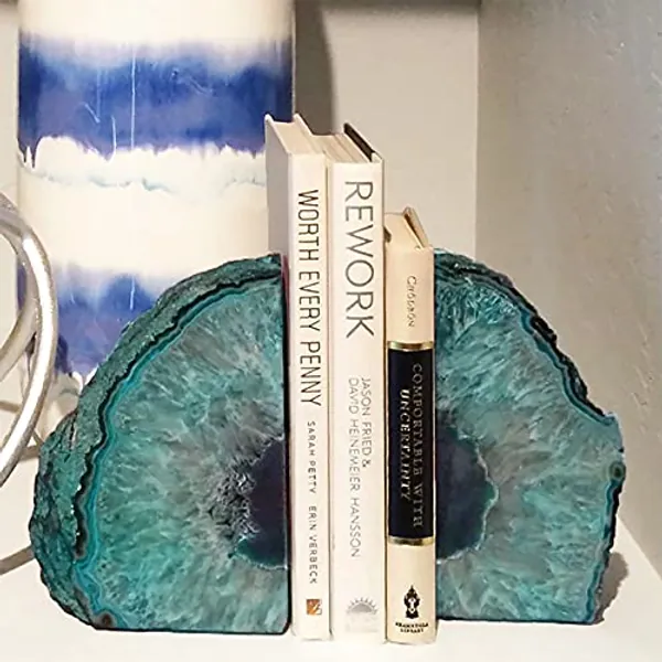 AMOYSTONE Teal Agate Bookends Geode Book Ends Heavy Duty Bookend Holder Decor with Rubber Bumpers Small(1 Pair, 2-3 LBS)