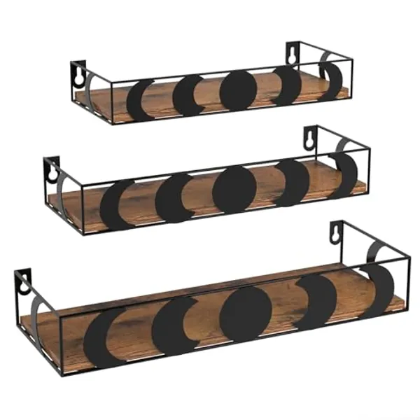 PHAREGE Brown and Black Floating Wall Shelves, Set of 3 Moon Phase Decorative Small Shelves for Bedroom Kid Room, Display Shelf for Crystal Collectibles Figurine