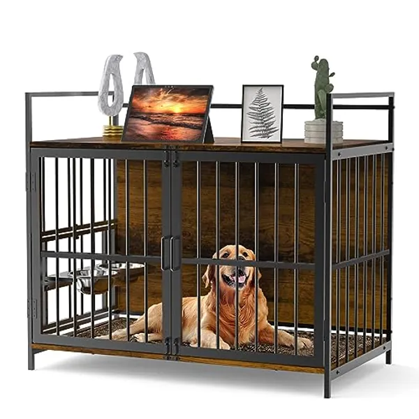 ROOMTEC Dog Crate Furniture-Style Cages for Large Dogs Indoor Heavy Duty Super Sturdy Dog Kennels with 2 Stainless Steel Bowls (48Inch = Int.dims: 46" W x 29" D x 35.5" H)