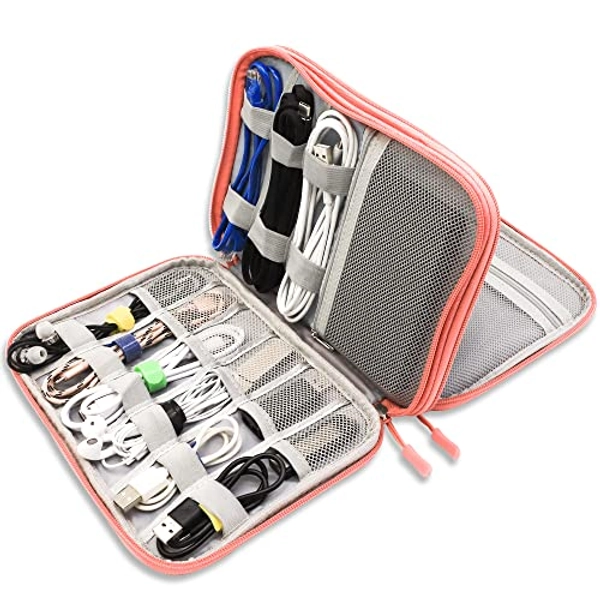 Cable Organizer Bag, Portable Travel Cord Organizer case, All in One Waterproof Electronics Accessories Storage Bag for Cables, Chargers, Earphones, Hard Drives, 9.6 x 6.9 inch (Pink)