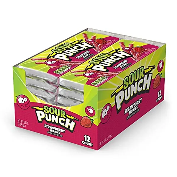 Sour Punch Straws, Sweet & Sour Strawberry Fruit Flavor, Chewy Candy, 4.5oz Tray (12 Pack)
