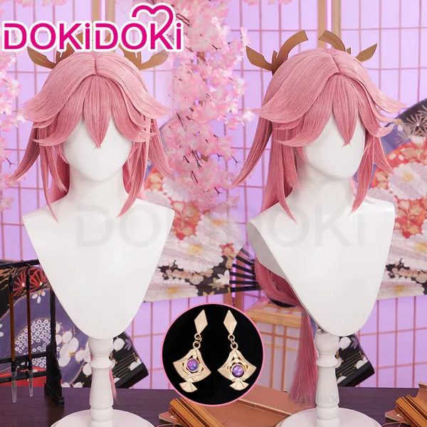 DokiDoki Game Genshin Impact Yae Miko Cosplay Wig Long Dark Pink/ Earring