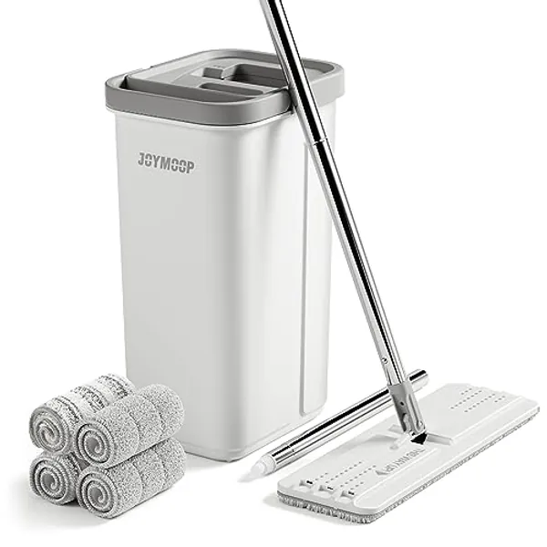 JOYMOOP Mop and Bucket with Wringer Set, Hands Free Flat Floor Mop and Bucket, 60" Mop with 4 Reusable Microfiber Pads, Wet and Dry Use, Floor Cleaning System