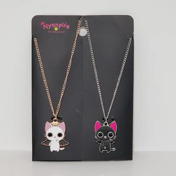 Nyanpire Cat Best Friend Black &amp; White Necklace Set Silver and Rose Gold Tone