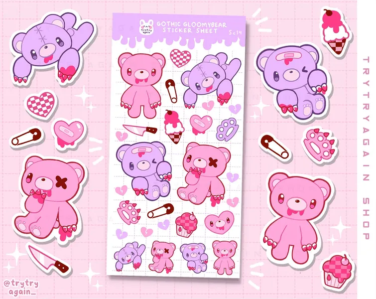 Spooky Sad Bear Emo stickers Glossy Sticker sheet - bujo bullet journal and planner polco stickers