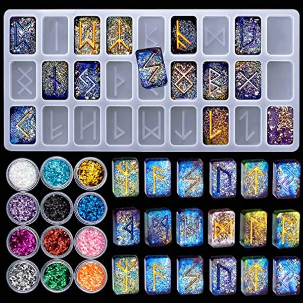 Rune Stone Resin Mold Silicone Rune Letter Word Mold Energy Symbol Resin Supplies Crystal Epoxy Resin Casting Charm Mold with 12 Colors Sequins for Personalized Pendant Crafts Making Supplies