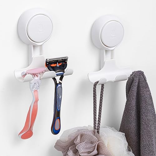 LEVERLOC Razor Holder for Shower 2 Pack, Powerful Vacuum Suction Cup Hooks for Bathroom, Damage-Free Hanging Shower Hooks for Towel, Razor, Loofah, Easy to Install and Reuse, White - White, Round