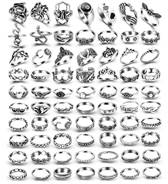 ShowAgain Silver Vintage Goth Punk Rings Set for Men Girls Women, Cool Gothic Ring Pack, Trendy Stackable Boho Chunky Knuckle Emo Full Finger Rings, Adjustable Open Snake Butterfly Ace Eboy Y2k Ring