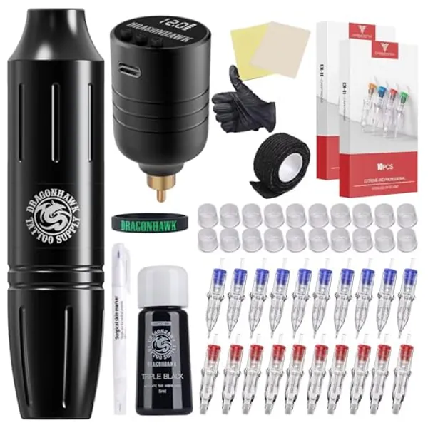 Dragonhawk Wireless Tattoo Gun Kit Tattoo Pen Machine Kit Battery Power Supply Tattoo Cartridges Needles Black Color Ink Set Complete Tattoo Kit for Beginners (Tattoo Kit -1)