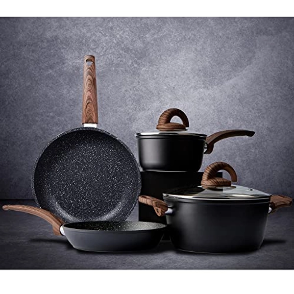 Vkoocy Pots and Pans Set Non Stick, Ceramic Cookware Set Kitchen Cooking Sets Induction Granite Pot and Pan w/Frying Pans, Saucepans, Casserole, Non-Toxic, PTFE/PFOA/PFOS-Free, Black
