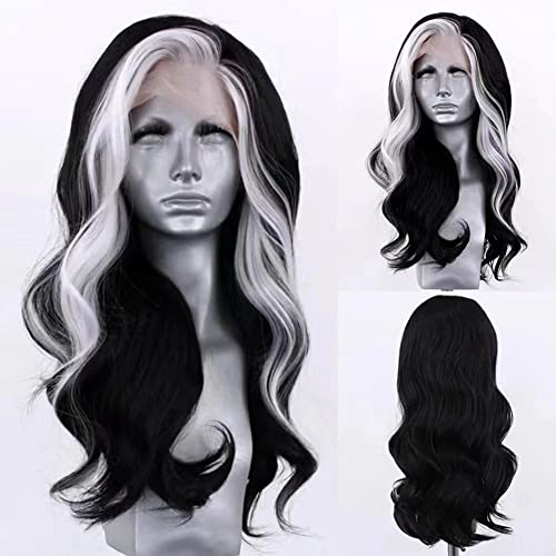 RONGDUOYI RDY Black Mix White Highlight Wig for Women Pure Black with a White Front Streak Lace Front Wigs 26inches Long Body Wave Synthetic Wig with Natural Hairline - 26 Inch - Mix Black