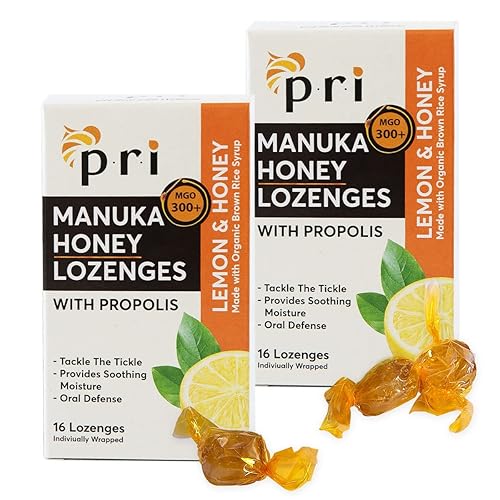 P.R.I Manuka Honey Lozenges with Propolis, Soothing Cough and Throat Drops, MGO 300+ Certified, (Lemon, 16 Count/2 Pack) - Lemon - 2-Pack