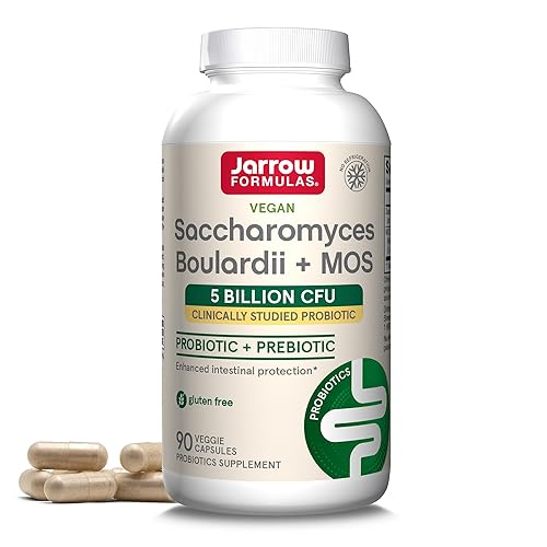 Jarrow Formulas Saccharomyces Boulardii Probiotics + MOS 5 Billion CFU Probiotic Yeast for Intestinal Health Support, Gut Health Supplements for Women and Men, 90 Veggie Capsules, 90 Day Supply - Unflavored - 90 Count (Pack of 1)