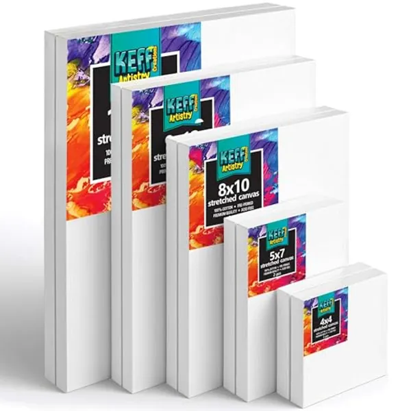 KEFF Stretched Canvas for Painting (Set of 10) Blank Painting Canvas - Multi Pack 4x4, 5x7, 8x10, 9x12 and 11x14 Canvas, 100% Cotton Triple Primed, Great for Pouring, Acrylic, Oil, Wet & Dry Art Media