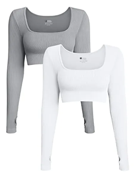 OQQ Women's 2 Piece Crop Top Ribbed Seamless Workout Exercise Long Sleeve Crop Tops