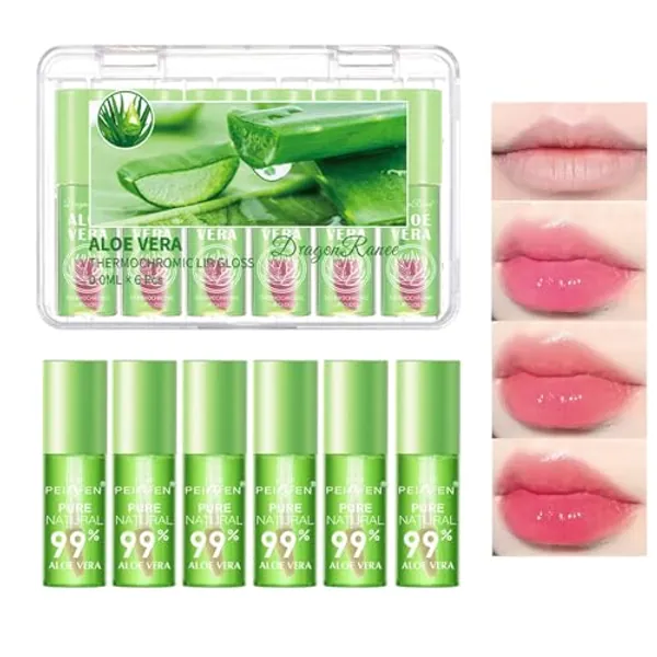 6Pcs Aloe Vera Color Changing Lip Gloss, Hydrating Lip Glow Oil High-Shine Clear Temperature Color Change Lipstick, Glossier Lip Tint Stain for Women Lip Care Prevents Dry Cracked Lips
