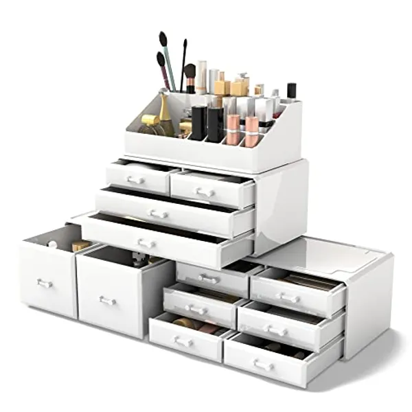 READAEER Makeup Cosmetic Organizer Storage Drawers Display Boxes Case with 12 Drawers (White)
