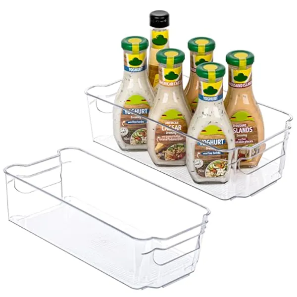 HOOJO Refrigerator Organizer Bins - 2pcs Clear Plastic Bins For Fridge, Freezer, Kitchen Cabinet, Pantry Organization and Storage, BPA Free Fridge Organizer, 12.5" Long-Medium