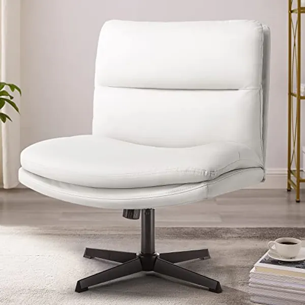 PUKAMI Criss Cross Legged Office Chair,Armless Office Desk Chair No Wheels,PU Leather Modern Swivel Vanity Chair,Height Adjustable Wide Seat Mid Back Computer Task Chair for Home Office