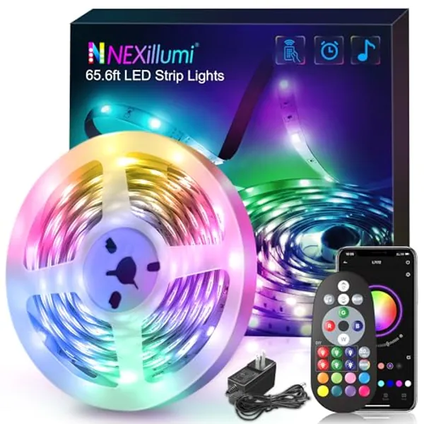 Nexillumi Led Lights for Bedroom 65.6ft (1 Rolls of 65.6ft) with Color Changing Strip Lights with Remote and APP Control RGB Lighting Strip for Indoor Party Home Room Decor and 24V Power Supply