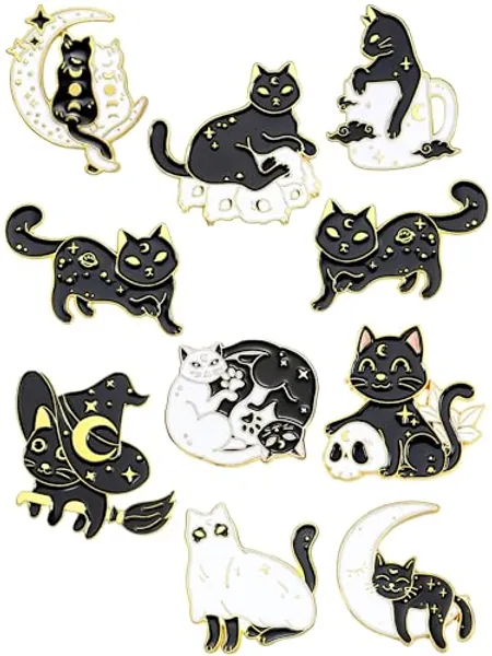 10 Pieces Cat Pins Cute Brooch Pin Set Kawaii Cat Backpack Pin Black Cat Book Brooch Gothic Aesthetic Cat Buttons for Backpacks Clothing Bags Lapel Jackets for Women Men DIY Presents
