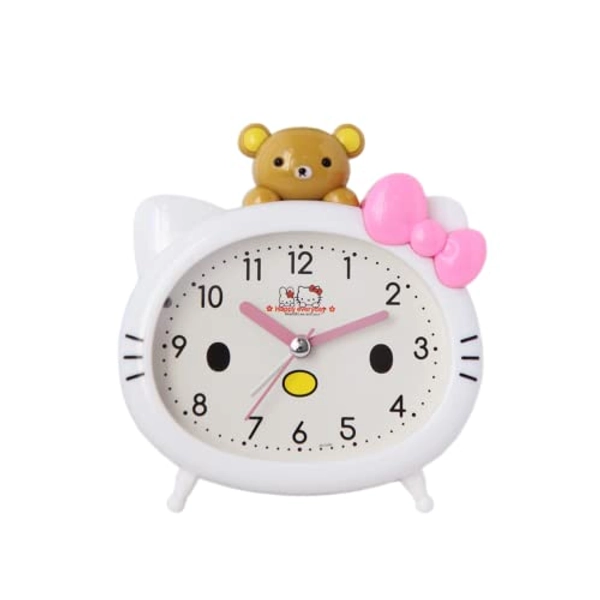 ASTERO Cat Appearance Kawaii Alarm Clock，Cartoon Cat Clock, Bedside Sweeping, Silent, Student, Boy, Girl, Beep, Beep, Clocks for Kids (White)