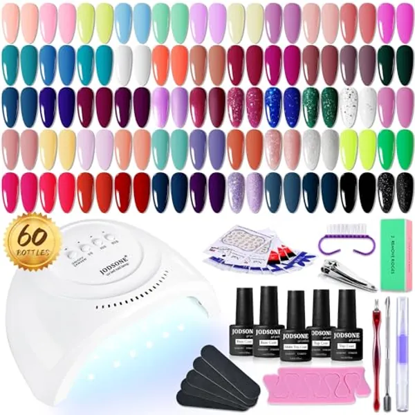 JODSONE Gel Nail Polish Kit 60 PCS with U V Light Soak off Base Top Coat Gel Polish 55 Shine Colors Gel Nail Kit Bright and Dark Brown Wine Red Series Manicure Set for Women and Girls