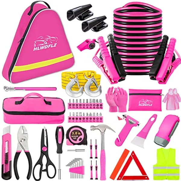 HLWDFLZ Car Roadside Emergency Kit - Pink Roadside Assistance Emergency Kit with Jumper Cables, Auto Tool Set, Deer Whistles, Winter Car Safety Roadside Assist Kit for Teen Girl and Ladies