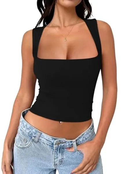 REORIA Butsmooth® Women's Square Neck Going Out Crop Tops Double Lined Cute Basic Tank Tops 2024 Clothes