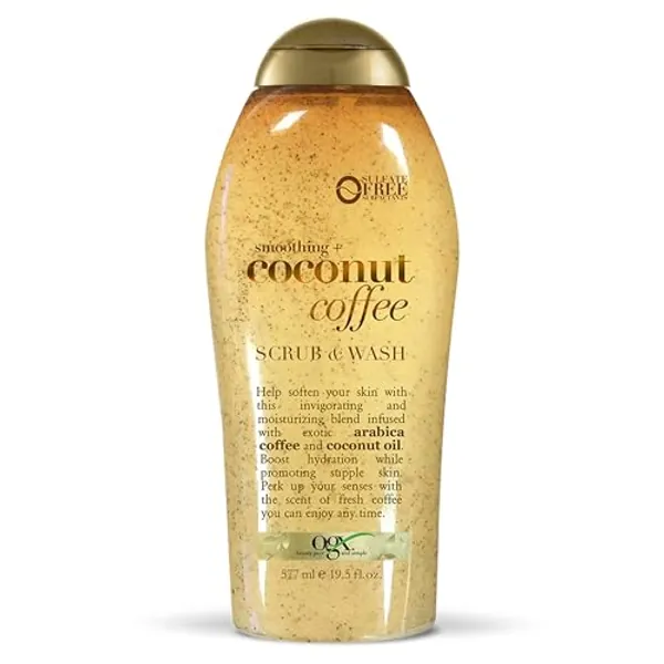 OGX Smoothing + Coconut Coffee Exfoliating Body Scrub with Arabica Coffee & Coconut Oil, Moisturizing Body Wash for Dry Skin, Paraben-Free with Sulfate-Free Surfactants, 19.5 Fl Oz