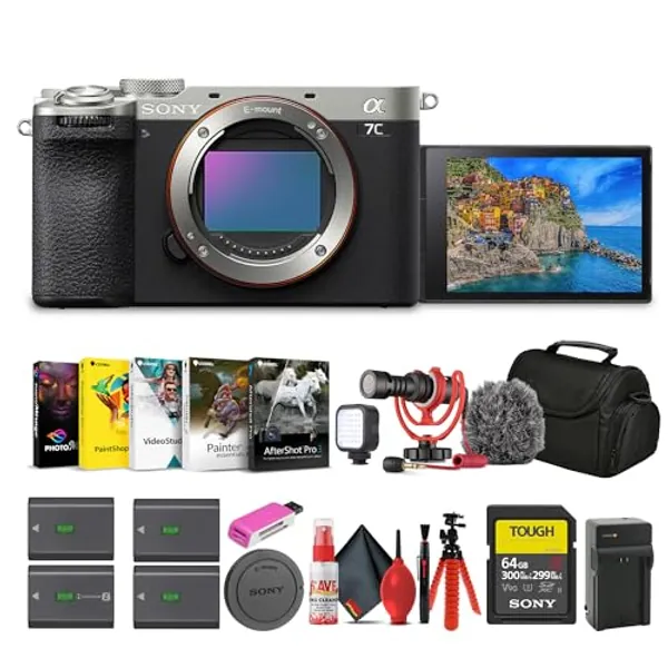 Sony Alpha 7C II Mirrorless Full-Frame Interchangeable Lens Camera (ILCE-7CM2/S) + 64GB SF-G Tough Card + Bag + 3 x NP-FZ100 Compatible Battery + Corel Software + External Charger + More (Renewed)