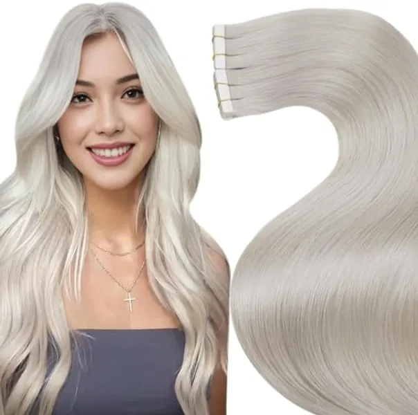 LaaVoo Tape in Hair Extensions Human Hair Blonde Hair Extensions Tape in Real Human Hair 18 Inch Platinum Blonde Human Hair Tape in Extensions White Blonde Skin Weft 20pcs/50gram