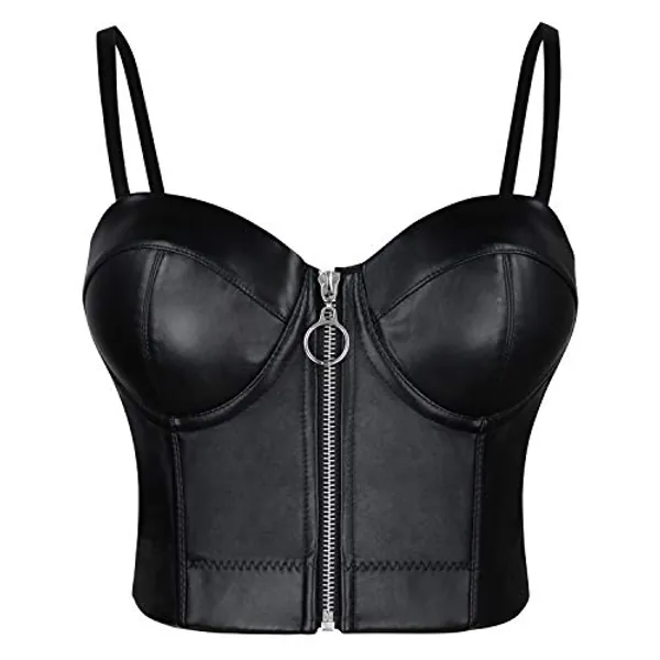 Charmian Women's Spaghetti Straps PU Leather Bustier Crop Top