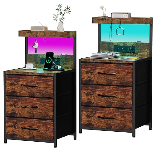 SZLHANJZ Nightstands Set of 2, End Table with LED Light and Charging Station Type C, 3 Drawers Storage Dresser Night Stand with Hooks, Tall Bed Side Table for Bedroom Dorm, Rustic Brown - 2 Large Black