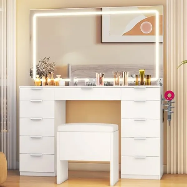 DWVO Vanity Desk Set with Large LED Lighted Mirror & Power Outlet, Glass Top Makeup Vanity with 11 Drawers and Magnifying Glass, 3 Color Modes & Adjustable, Storage Bench, Bedroom, White
