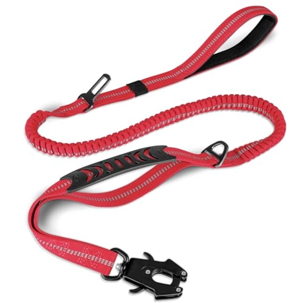 Joytale Tactical Dog Leash Heavy Duty, 4-6FT Shock Absorbing Bungee Leash with 2 Padded Handle, No Pull Dog Leash with Quick Release Clip and Car Seatbelt for Medium Large X-Large Dogs, Red