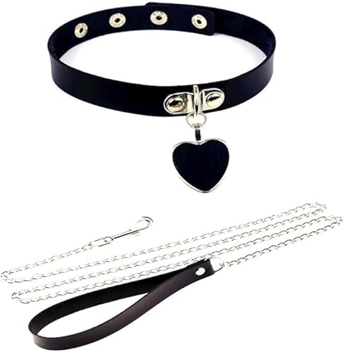 Caiyao Rivets Choker Punk Hauling Chain PU Leather Collar Metal Ring Gothic Necklace NightClub Goth Leash Belts Adjustable Size - A black2