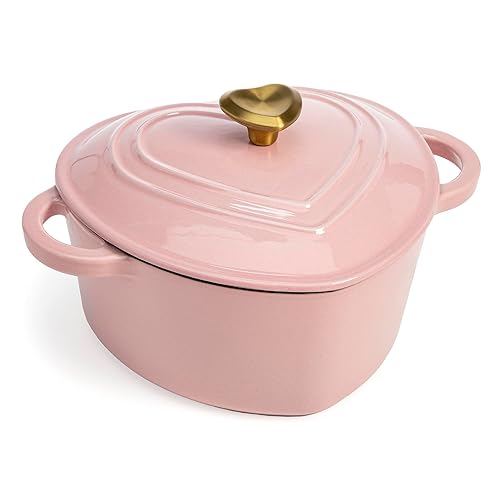 Paris Hilton Enameled Cast Iron Dutch Oven Heart-Shaped Pot with Lid, Dual Handles, Works on All Stovetops, Oven Safe to 500°F, 4-Quart, Pink - Pink - 4-Quart