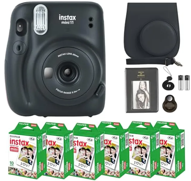 Fujifilm Instax Mini 11 Camera with Fujifilm Instant Mini Film (60 Sheets) Bundle with Deals Number One Accessories Including Carrying Case, Selfie Lens, Photo Album, Stickers (Charcoal Gray)