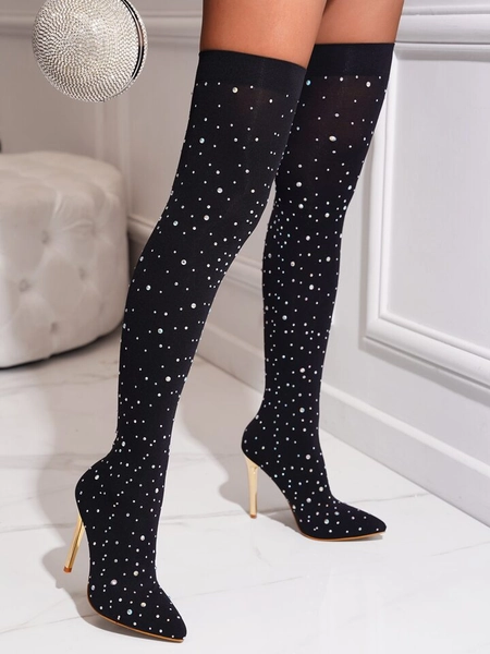 Women's Pointed Toe High Heeled Ankle Boots With Rhinestone Decor, Black Party Shoes Stretch Sock Boots (random Rhinestone Size And Position, Falling Rhinestone Is Normal)