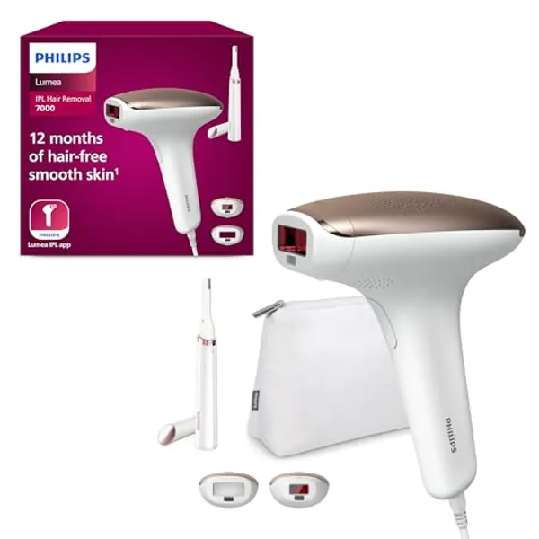Philips Lumea IPL Haarentfernungsgerät 7000 Series – Haarentfernungsgerät mit Satin Compact Korrekturtrimmer, 2 Aufsätze für Körper und Gesicht (Modell BRI921/00)